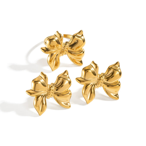 Bow Shaped Stainless Steel Earrings And Rings With Electroplating Niche Light Luxury High End Princess Style Non Fading Jewelry For Women