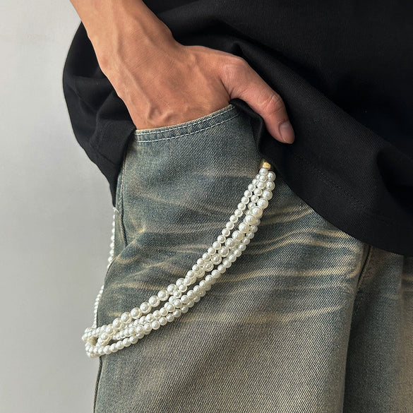 Boys Jeans Accessories Hiphop Winding Imitation Pearl Pants Chain With Buttons And Double Circle Belt Loops