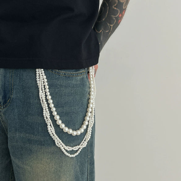Boys Jeans Accessories Hiphop Winding Imitation Pearl Pants Chain With Buttons And Double Circle Belt Loops
