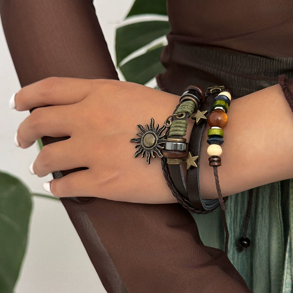 Bracelet Alloy Bohemian Braided Rope Stacked Metal Sun Constellation Pendant Electroplating Women's