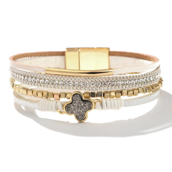 Bracelet Alloy Leather Clover Leaves Diamond Fashion