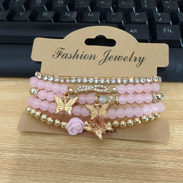 Bracelet Alloy Vintage Bohemian Style Electroplating Multi Layer Beads Rose Bow Diamond Embedded Women's