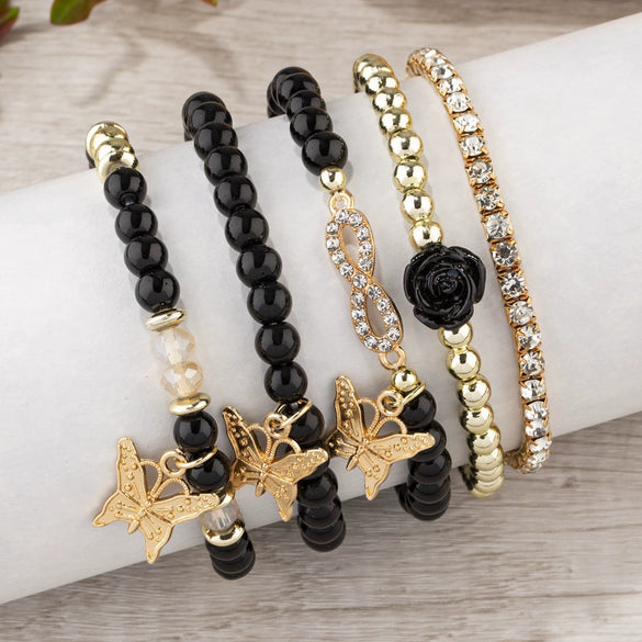 Bracelet Alloy Vintage Bohemian Style Electroplating Multi Layer Beads Rose Bow Diamond Embedded Women's
