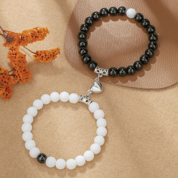 Bracelet Black Onyx White Cat's Eyes Beaded Snake Geometric Handmade Magnet Unisex