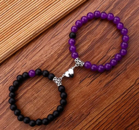 Bracelet Black Onyx White Cat's Eyes Beaded Snake Geometric Handmade Magnet Unisex