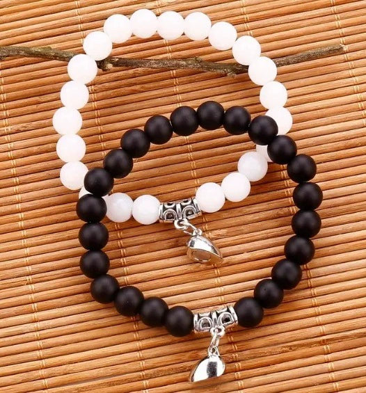 Bracelet Black Onyx White Cat's Eyes Beaded Snake Geometric Handmade Magnet Unisex