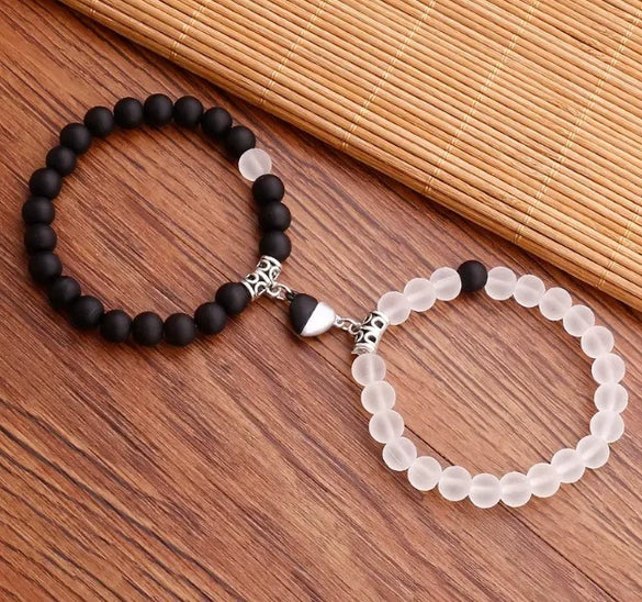 Bracelet Black Onyx White Cat's Eyes Beaded Snake Geometric Handmade Magnet Unisex
