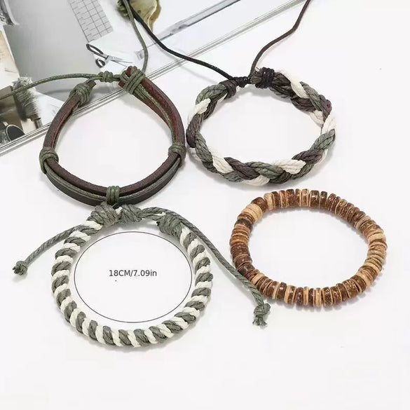 Bracelet Coconut Shell Leather Geometric Hand Knitted Multilayer Hemp Rope Woven Coil Vintage Unisex