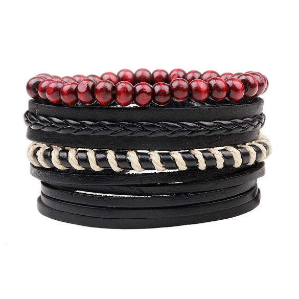 Bracelet Cowhide Strap Ship Anchor Wooden Beads Handmade Woven Retro Style Bow Pattern Unisex