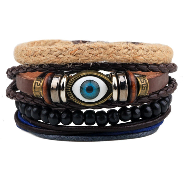 Bracelet Cowhide Strap Ship Anchor Wooden Beads Handmade Woven Retro Style Bow Pattern Unisex