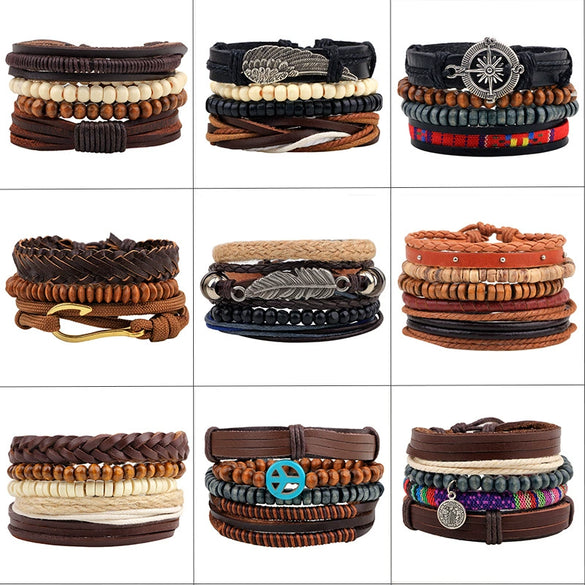 Bracelet Cowhide Strap Ship Anchor Wooden Beads Handmade Woven Retro Style Bow Pattern Unisex