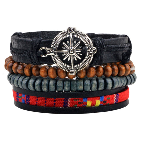 Bracelet Cowhide Strap Ship Anchor Wooden Beads Handmade Woven Retro Style Bow Pattern Unisex