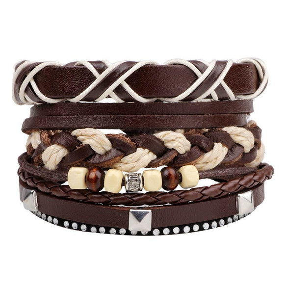 Bracelet Cowhide Strap Ship Anchor Wooden Beads Handmade Woven Retro Style Bow Pattern Unisex