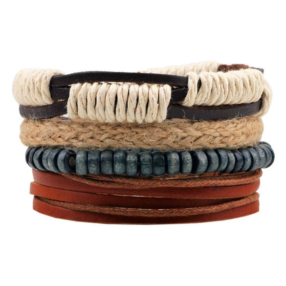 Bracelet Cowhide Strap Ship Anchor Wooden Beads Handmade Woven Retro Style Bow Pattern Unisex