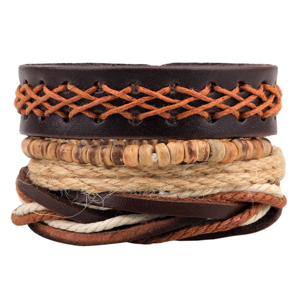 Bracelet Cowhide Strap Ship Anchor Wooden Beads Handmade Woven Retro Style Bow Pattern Unisex