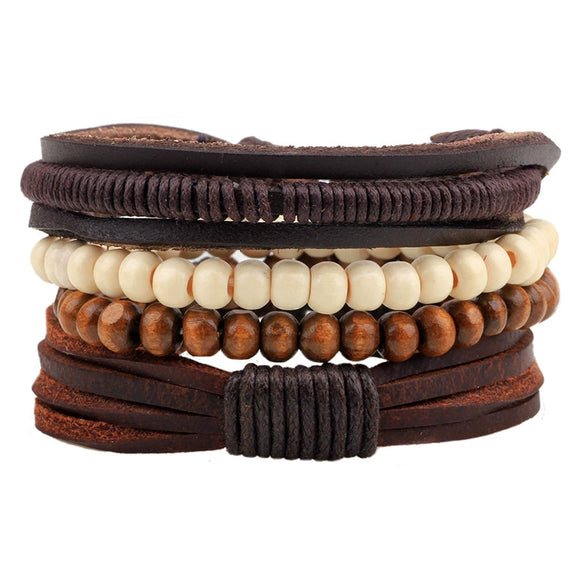 Bracelet Cowhide Strap Ship Anchor Wooden Beads Handmade Woven Retro Style Bow Pattern Unisex