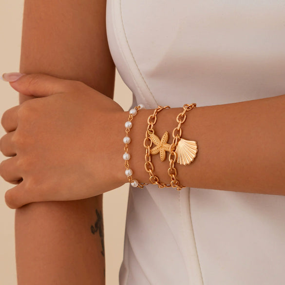 Bracelet Imitation Pearl Aluminum Chain Alloy Geometric Electroplated Starfish Shell Love Bow Pendant