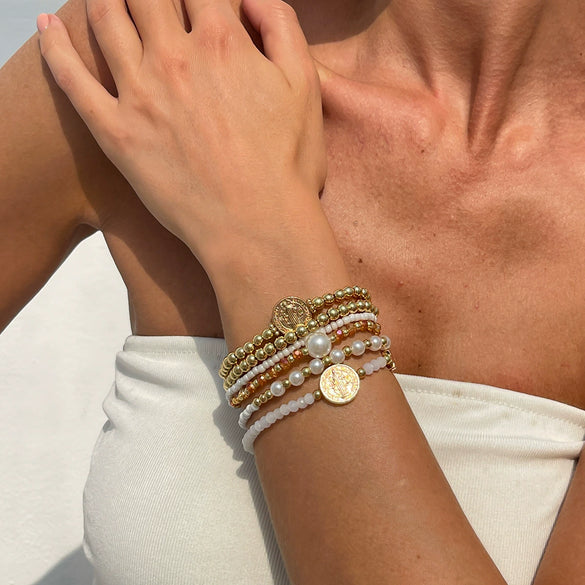 Bracelet Imitation Pearl Crystal Alloy Geometric Electroplated Stacked Style