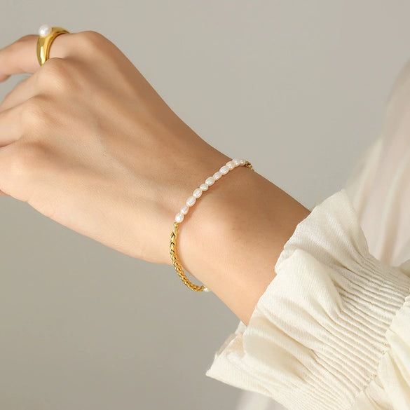 Bracelet Jewelry Freshwater Pearl Ot Buckle 316L Stainless Steel 18K Gold Plated Geometric Design For Women