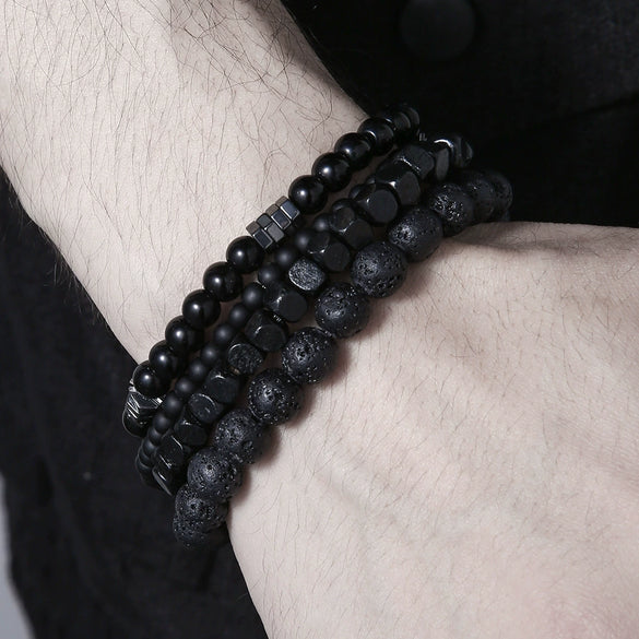 Bracelet Jewelry Wooden Beads Volcanic Stone Black Gallstone Black Frosted Geometric Handmade Unisex
