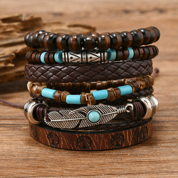 Bracelet Leather Geometric Bohemian Handmade Wooden Beads Flower Cow Head Eyes Feather