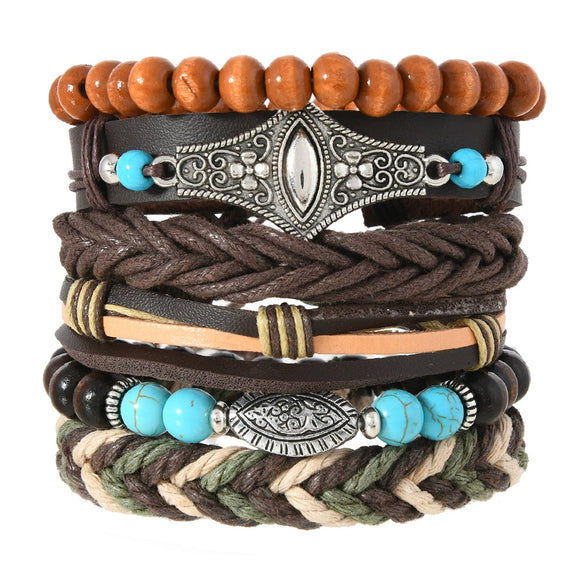 Bracelet Leather Geometric Bohemian Handmade Wooden Beads Flower Cow Head Eyes Feather
