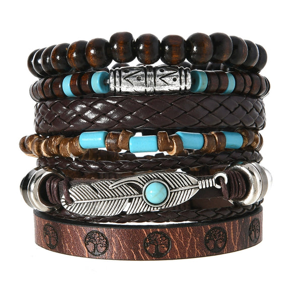 Bracelet Leather Geometric Bohemian Handmade Wooden Beads Flower Cow Head Eyes Feather