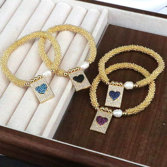 Bracelet Metal Heart Shaped Microinlay Love Rectangular Zirconium Beaded Unisex And Women's