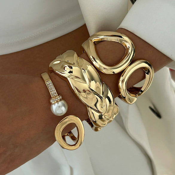 Bracelet Metal Imitation Pearl Diamond Encrusted Double Ring Twist Electroplating