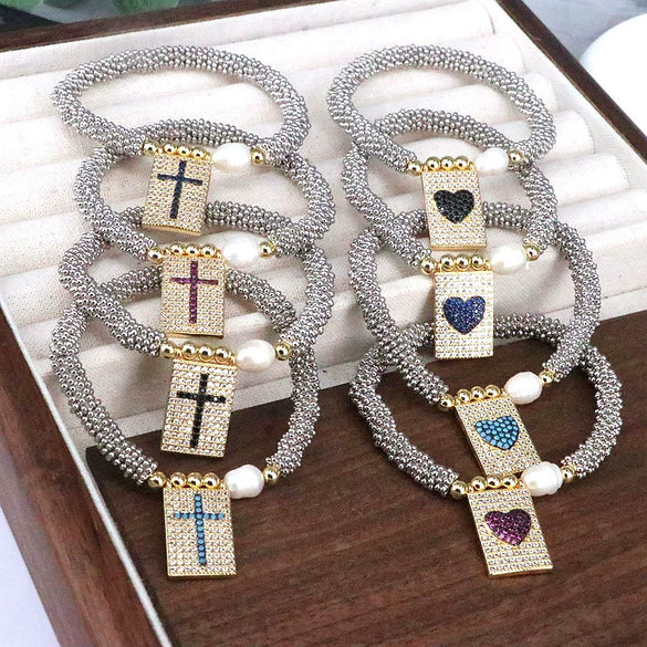 Bracelet Metal Rectangular Heart Microinlay Love Cross Beaded Zirconium Classic