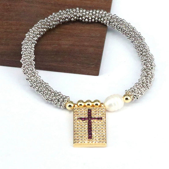 Bracelet Metal Rectangular Heart Microinlay Love Cross Beaded Zirconium Classic