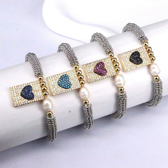 Bracelet Metal Rectangular Heart Microinlay Love Cross Beaded Zirconium Classic