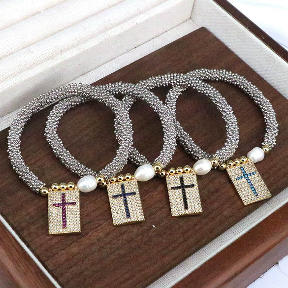 Bracelet Metal Rectangular Heart Microinlay Love Cross Beaded Zirconium Classic