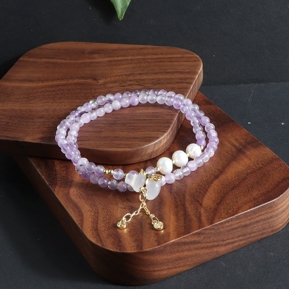Bracelet Natural Amethyst Freshwater Pearl Crystal Handmade Double Circle Gourd Pendant Unisex