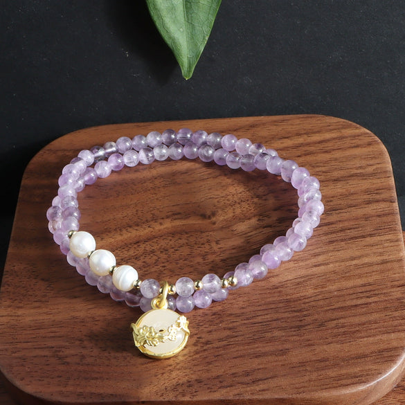 Bracelet Natural Amethyst Freshwater Pearl Crystal Handmade Double Circle Gourd Pendant Unisex