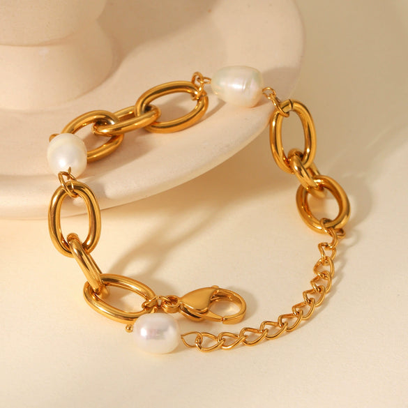 Bracelet Natural Freshwater Pearl Stainless Steel Geometric Electroplating Jewelry For Women