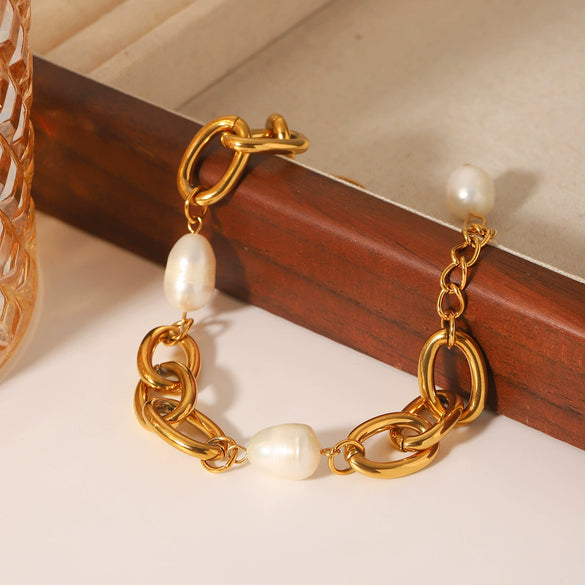 Bracelet Natural Freshwater Pearl Stainless Steel Geometric Electroplating Jewelry For Women