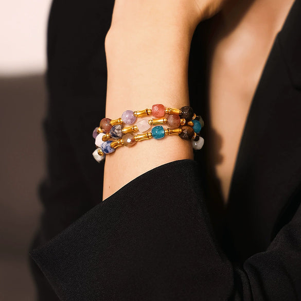 Bracelet Natural Stone Beaded 316L Stainless Steel Gold Plated Geometric Design