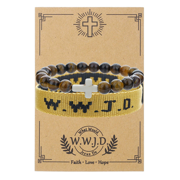 Bracelet Natural Stone Beads Geometric Handmade Cross Charm Faith Friendship Couple Unisex