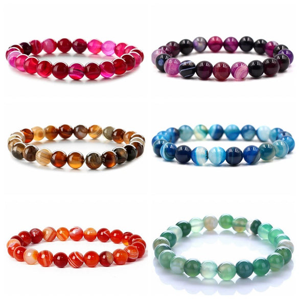 Bracelet Natural Stone Striped Agate Handmade Multiple Colors Single Circle Elastic Unisex