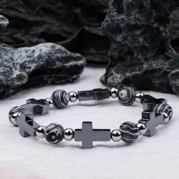 Bracelet Obsidian Stone Alloy Geometric Handmade Cross