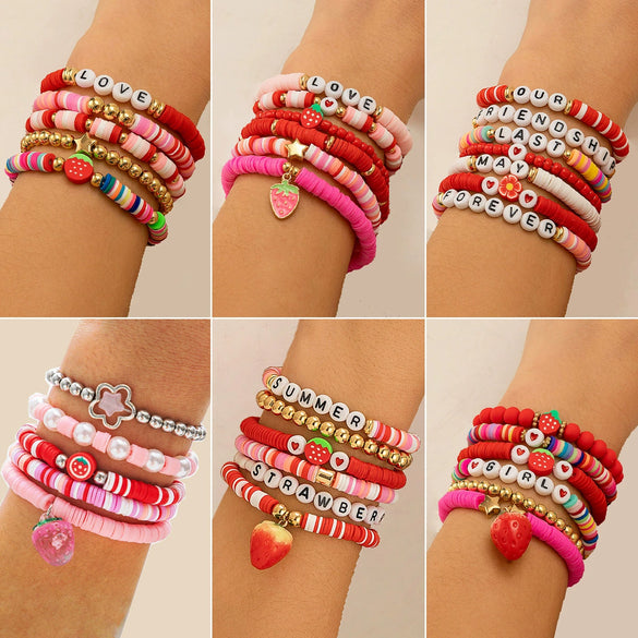Bracelet Polymer Clay Beaded Strawberry Letter Electroplated Women's