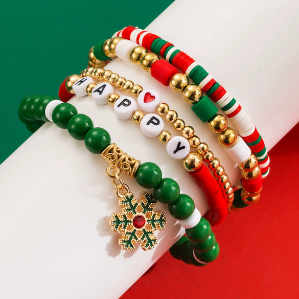 Bracelet Red Rope Handmade Beaded Letter Christmas Tree Snowflake Festive Elements For Women