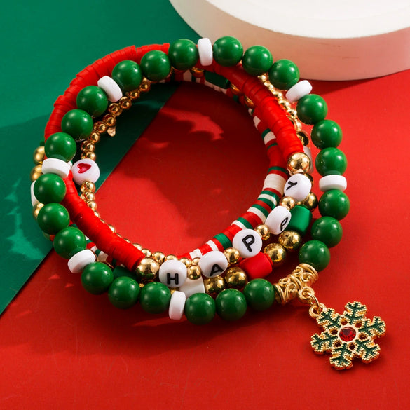 Bracelet Red Rope Handmade Beaded Letter Christmas Tree Snowflake Festive Elements For Women