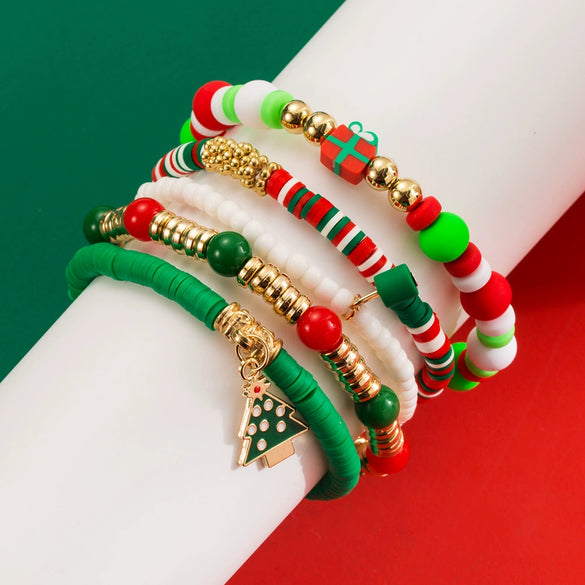 Bracelet Red Rope Handmade Beaded Letter Christmas Tree Snowflake Festive Elements For Women