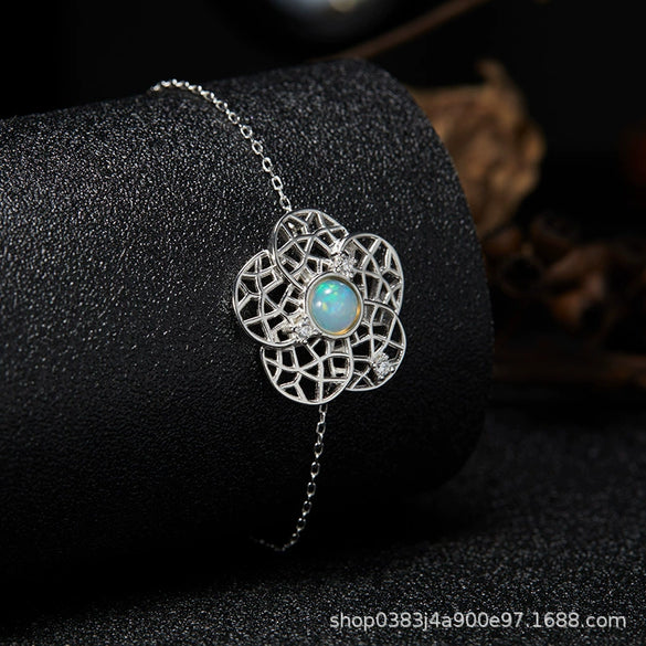 Bracelet S925 Sterling Silver Crystal Flower Geometric Set With Gems For Women