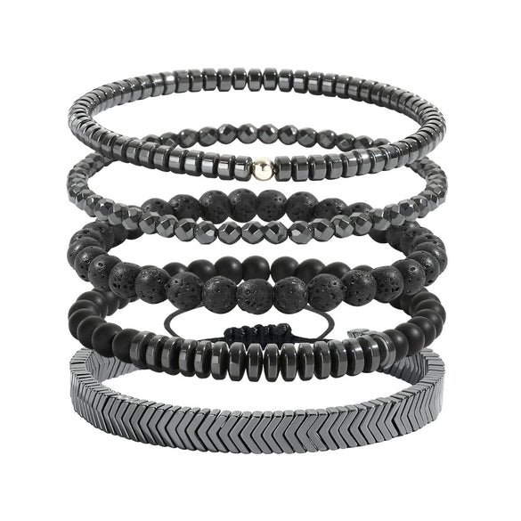 Bracelet Set Black Frosted Map Wood Beads Black Iron Stone Geometric Handmade