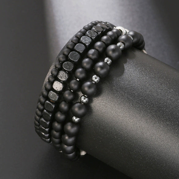 Bracelet Set Black Frosted Map Wood Beads Black Iron Stone Geometric Handmade
