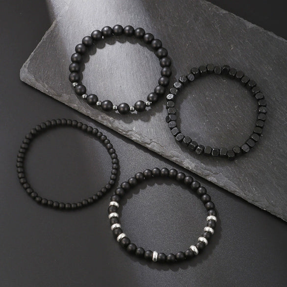 Bracelet Set Black Frosted Map Wood Beads Black Iron Stone Geometric Handmade