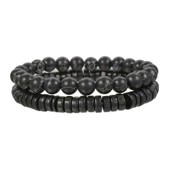 Bracelet Set Black Frosted Map Wood Beads Black Iron Stone Geometric Handmade